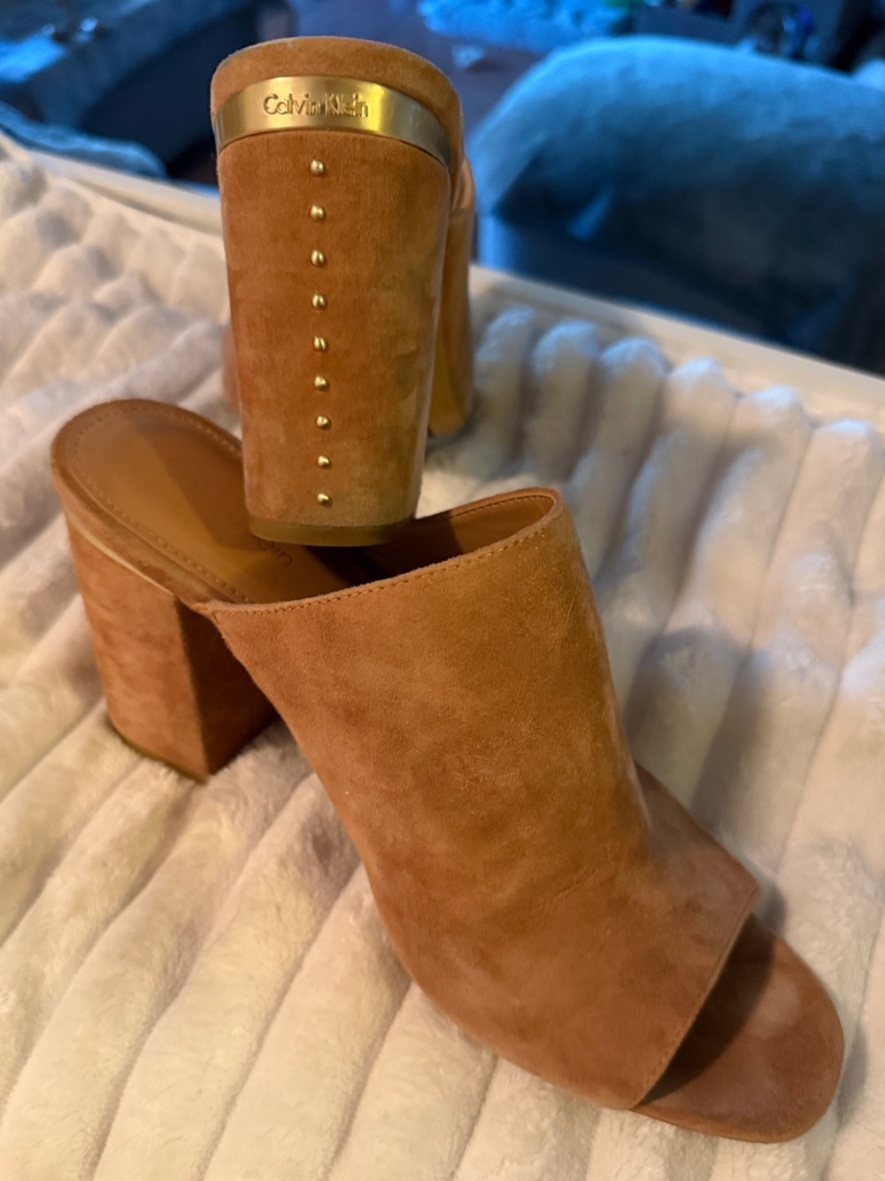 Calvin Klein Tan Suede Open-Toe Block Heel Mules with Gold Trim